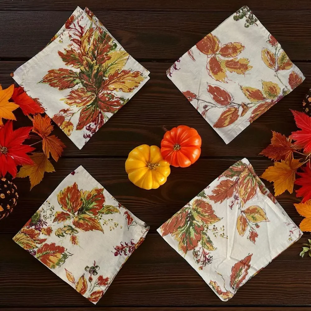 April Cornell Set 4 of Beige Fall Leaves 100% Cotton Cloth Napkins Autumn Decor